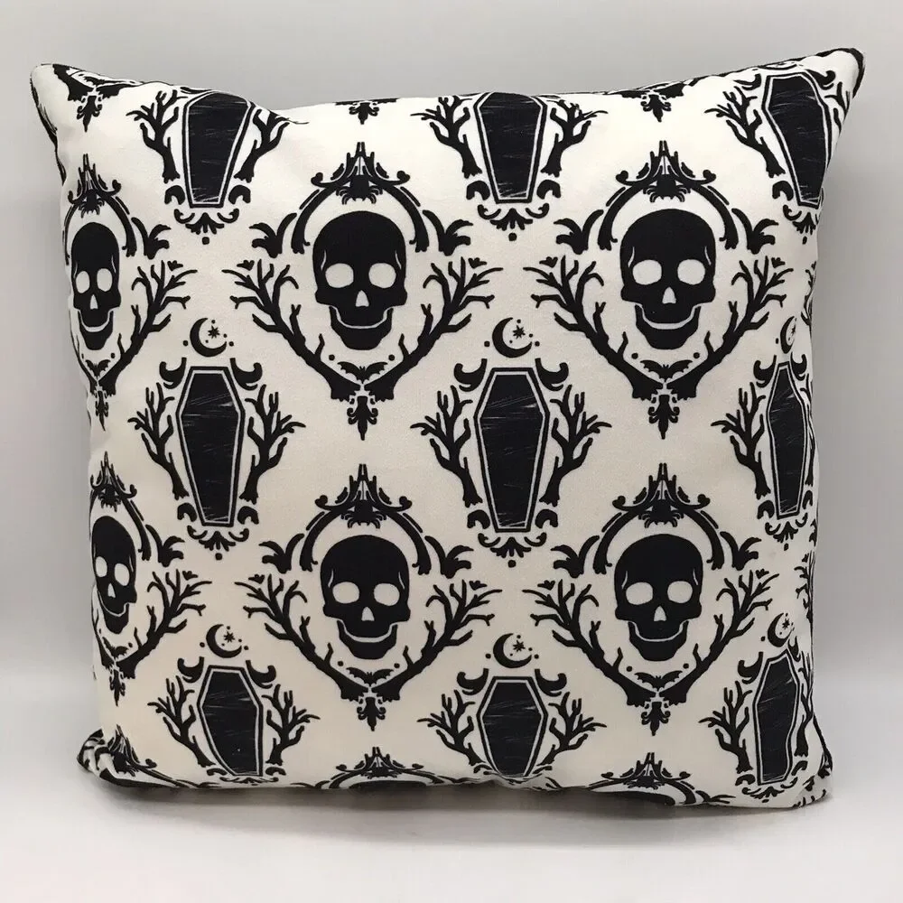 Skeleton Skull & Coffins Square Throw Pillow Plush Black White Gothic Decor 15